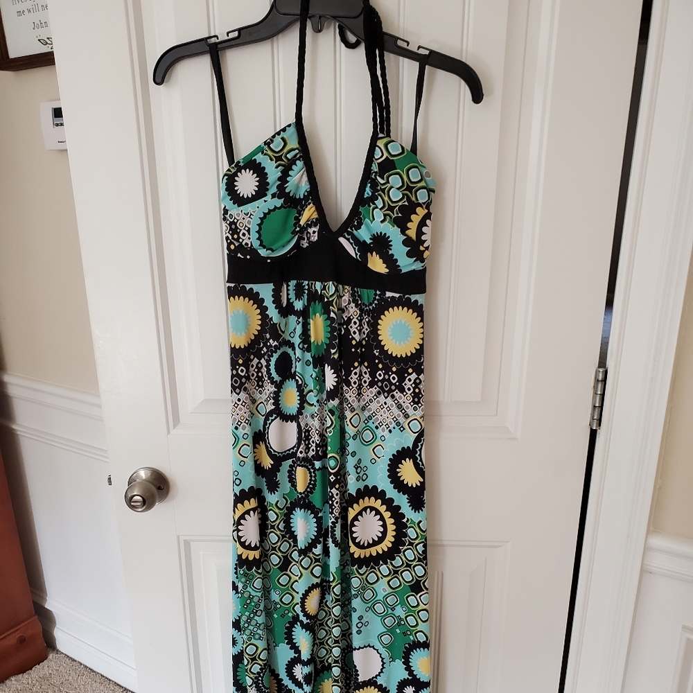 Bisou Bisou Maxi Dress Halter Style Black n Green Size 6